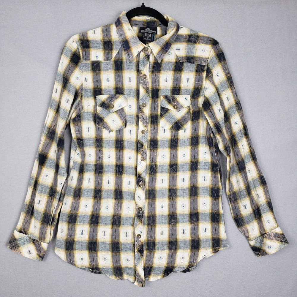 Angie Women's Size S Checkered Plaid Cotton Flannel‎ Shirt Brown Gold Cabincore